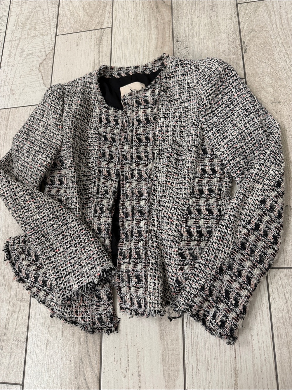 Rebecca Taylor Black & Cream Tweed Fringe Open Jacket